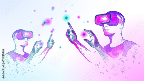 3D virtual reality helmet Metaverse concept. Augmented reality cyberspace internet web game online battle. Digital competition gaming cup. Neon light vector illustration