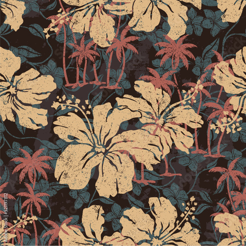 Grunge hibiscus flowers palms and frangipani background tropical abstract vector seamless pattern 