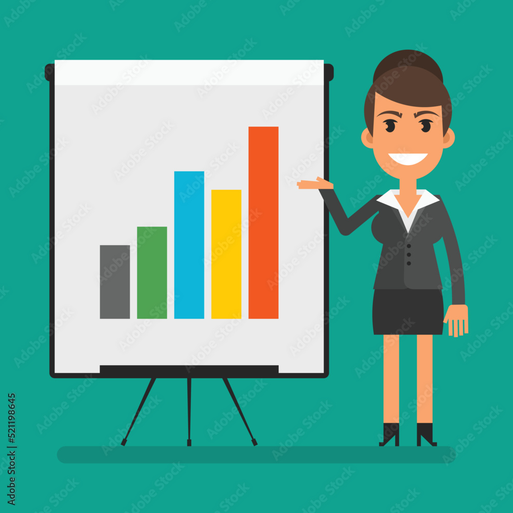 Business woman shows flip chart with positive chart Business woman shows flip chart with positive chart
