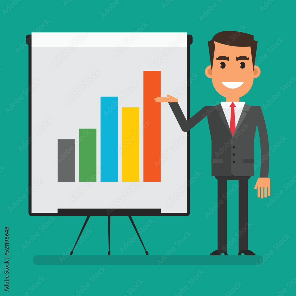 Businessman shows flip chart with positive chart Businessman shows flip chart with positive chart