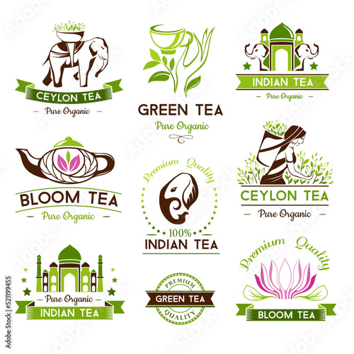 Green, ceylon and bloom tea emblems.
