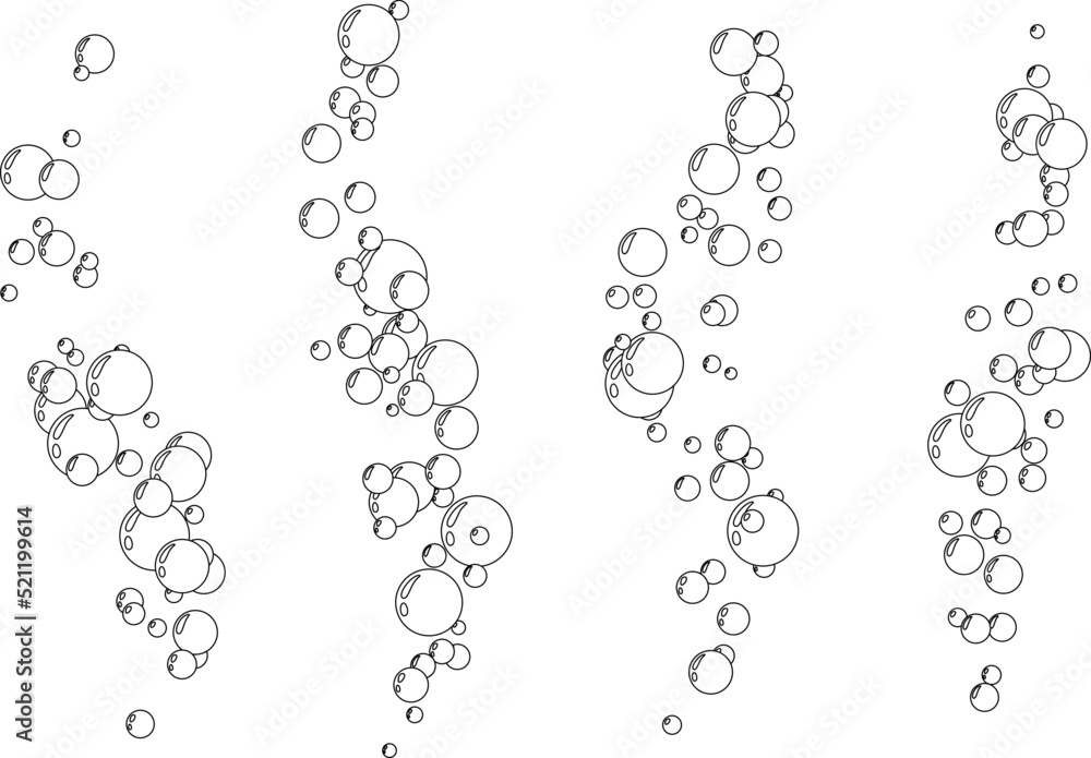 Underwater air bubbles  decoration elements. Fizzy water or soap foam texture. Vector isolated outline design element. Vertical wavy streams collection.