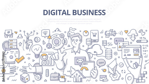 Digital business. Businessman uses technology to add value to business models. Automating workflow, use AI and capture data to optimize business processes. Doodle vector illustration in linear style