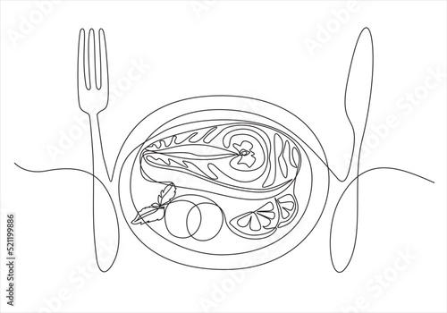 Continuous one line drawing of dish with fish, vegetables and lemon