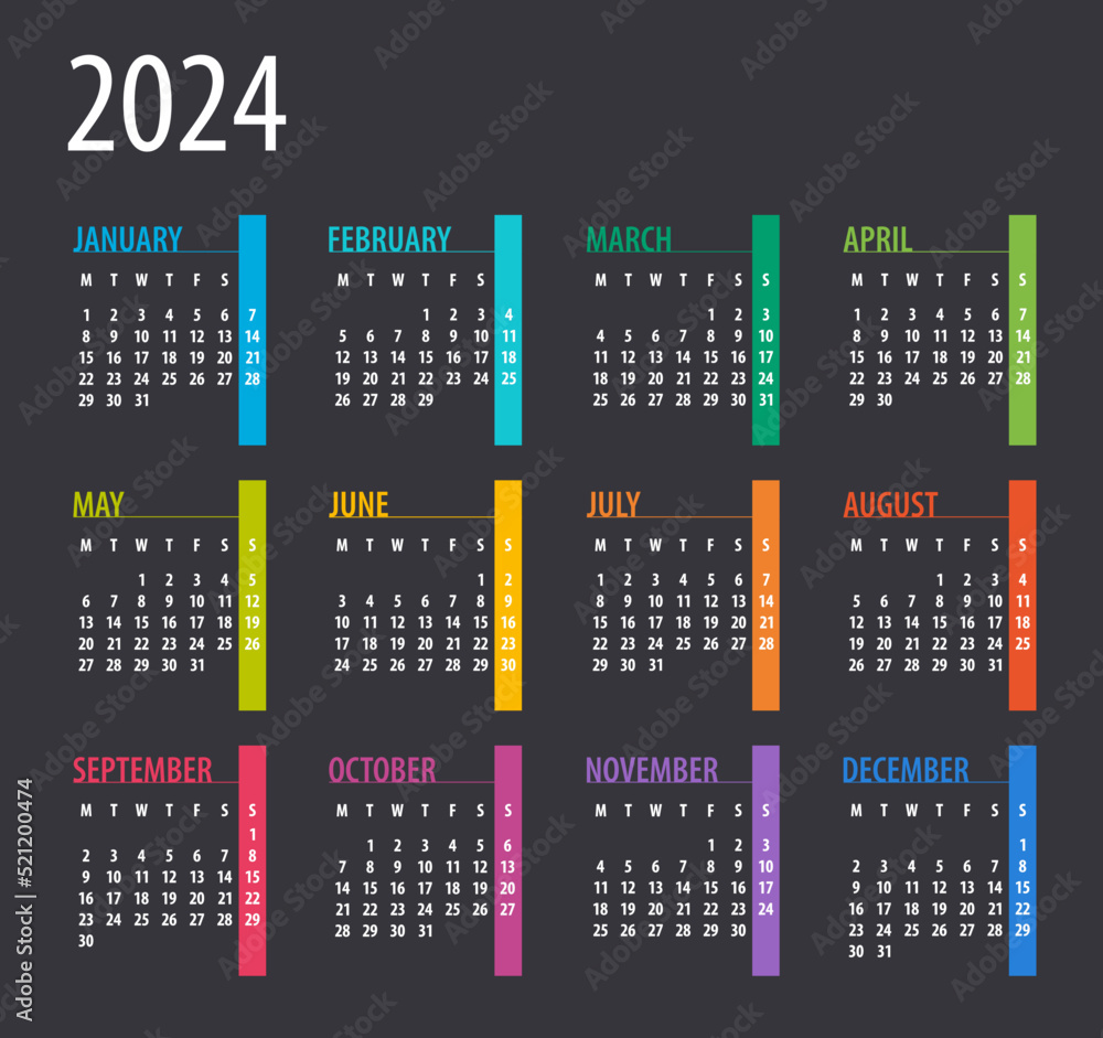 2024 Calendar - illustration. Template. Mock up Week starts Sunday ...