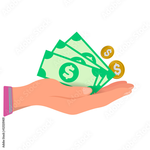 A hand holding cash dollars. The concept of achieving a business goal.

3d vector illustration..
Business, finance,
accumulation,
Internet, payment, shopping.