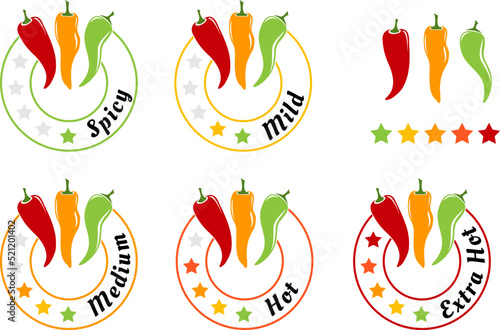 Chili pepper spicy levels badges. Vector design elements.