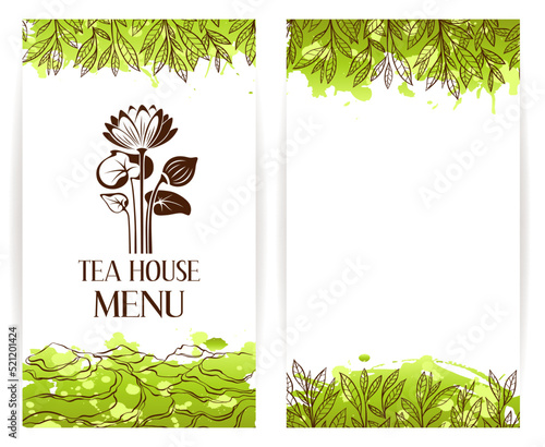 Green tea menu template.  Lotus flouwer logo. photo