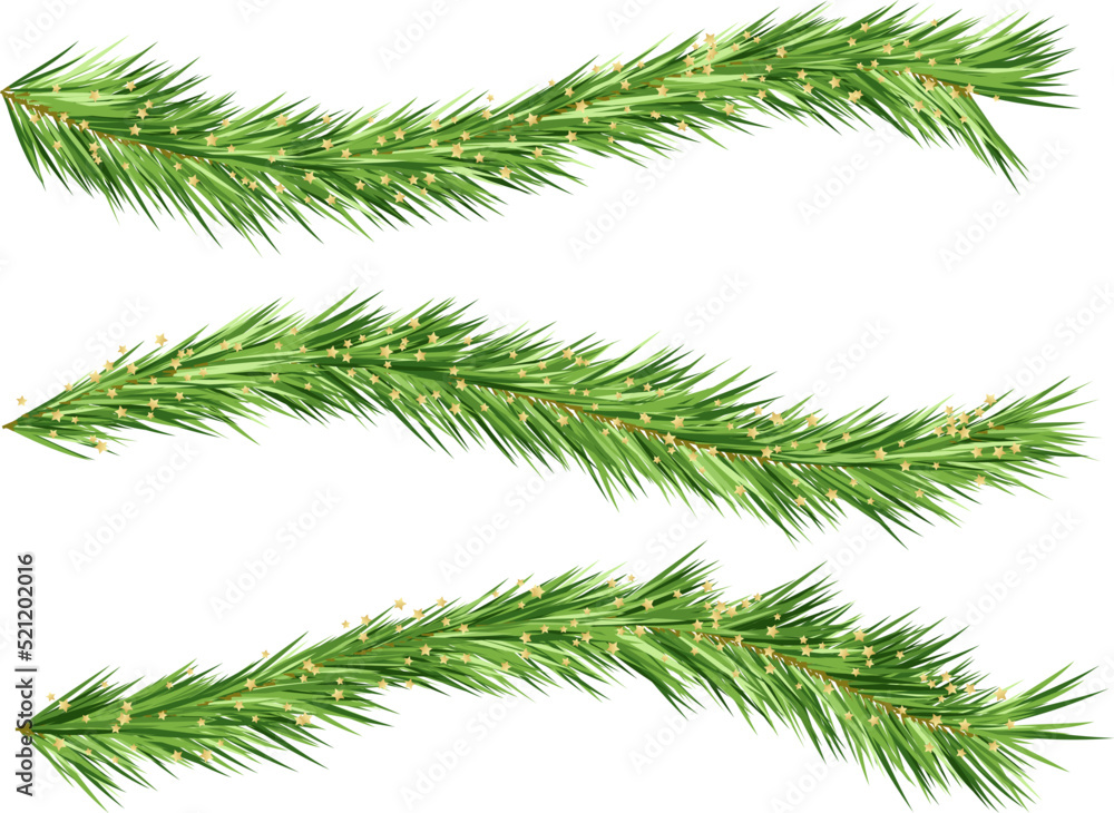 Christmas tree decorations. Fir branches design elements. Horizontal borders with star sparklers Christmas tree decorations. Fir branches design elements. Horizontal borders with star sparklers