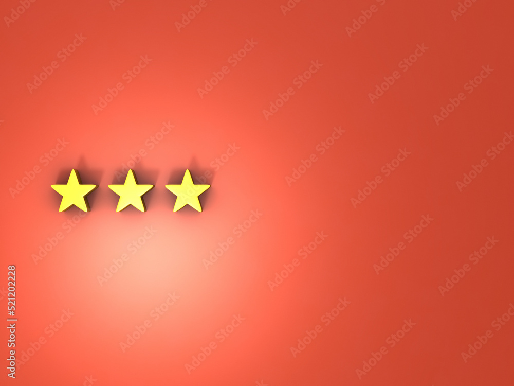 三ツ星のアイコン。赤い壁面に飾られた三つの金色の星。高得点と高評価のシンボル。3Dレンダリング。