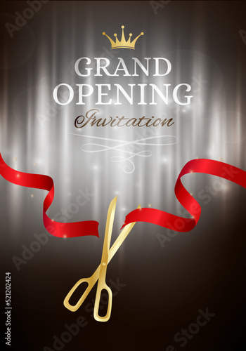 Grand opening invitation card with cut red ribbon and gold scissors.