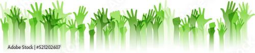 Hands up silhouettes. Decoration element from green raised hands. Conceptual illustration for festivals, concerts, social and tolerance public communities, education or volunteering.