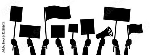 Protesting community conceptual illustration. Collection of human hands with banners, placards and speech. Vector isolated silhouettes.