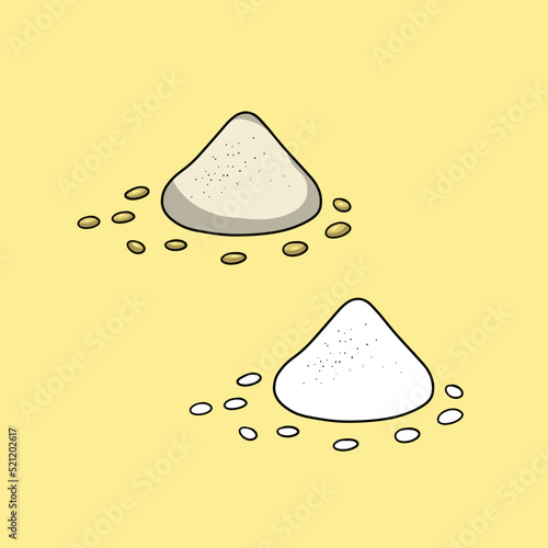 A set of pictures, A handful of flour with grains sprinkled with salt, a vector illustration in cartoon style