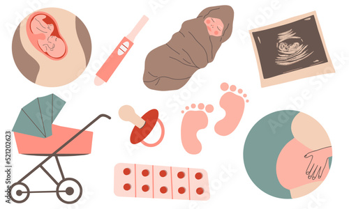 A set of stickers on the theme of motherhood. A pregnant woman, a fetus, a nipple, a stroller, a pregnancy test, a photo of a baby on an ultrasound scan, a large belly of a pregnant woman.
