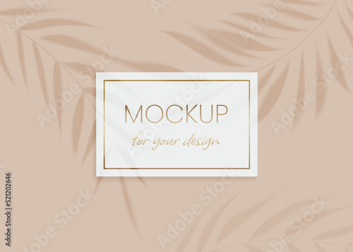 Plant shadow overlay vector mockup horizontal business card. Realistic shadows overlays tropic leaf on beige background. Template card, blank, social media post, flyer, logo in minimal trendy style.
