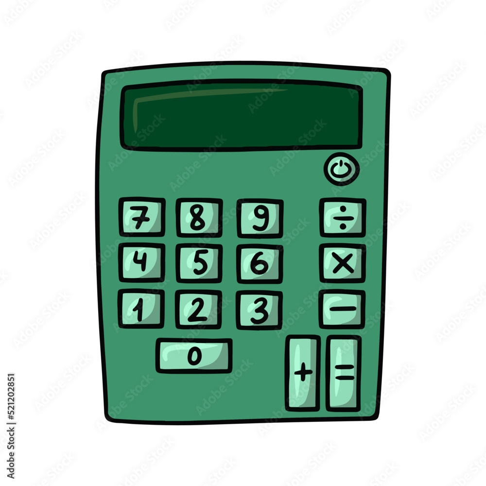 Square green calculator for students and schoolchildren, vector illustration in cartoon style Square green calculator for students and schoolchildren, vector illustration in cartoon style