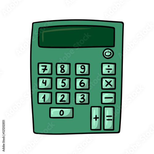 Square green calculator for students and schoolchildren, vector illustration in cartoon style