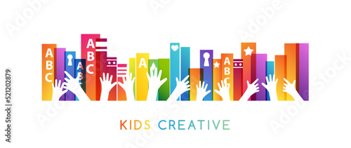Colorful books with children hands up. Horizontal divider. Kids creative conceptual vector illustration.