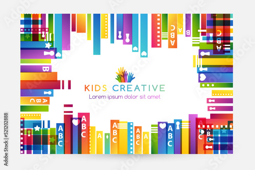Colorful books. Horizontal frame. Kids creative conceptual vector illustration.