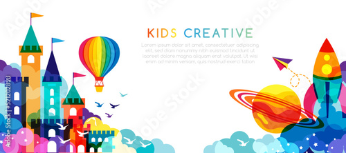 Kids imagination castle. Colorful childhood fantasy fort with rainbow towers, rocket, clouds, planet elements. Horizontal border for design kids club, preschool room or kindergarten