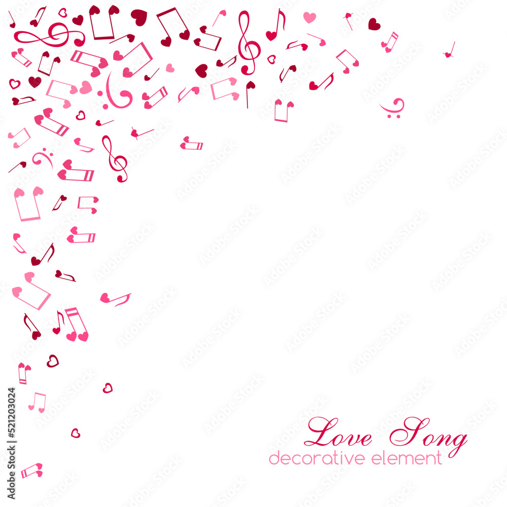 Notes and hearts. Corner vignette. Love Music decoration element isolated on the white background. Notes and hearts. Corner vignette. Love Music decoration element isolated on the white background.