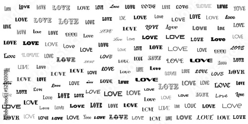 Love words decorative illustration. Vector black and white background with typography design.