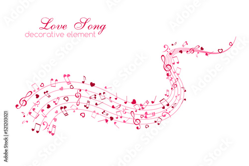 Heart and Notes on the horizontal wavy path. Love Music decoration element isolated on the white background.