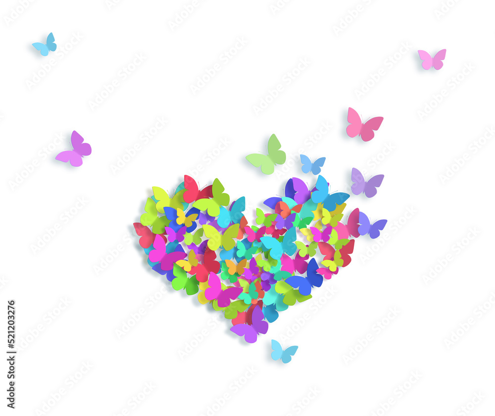 Decorative flying butterflies pattern in heart shape isolated on white background with copy space. Spring, summer season concept.