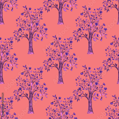 Watercolor seamless pattern with blooming spring trees. Hand drawn abstract l...