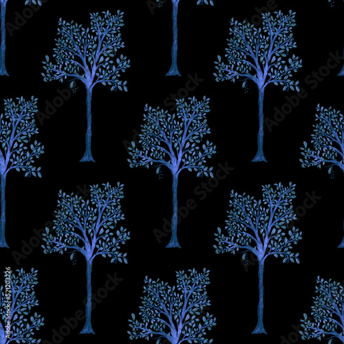 Watercolor seamless pattern with blooming spring trees. Hand drawn abstract l...