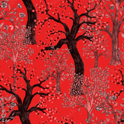 Watercolor seamless pattern with blooming spring trees. Hand drawn abstract l...
