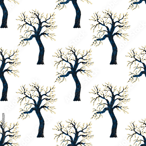 Watercolor seamless pattern with blooming spring trees. Hand drawn abstract l...
