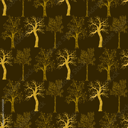 Watercolor seamless pattern with blooming spring trees. Hand drawn abstract l...