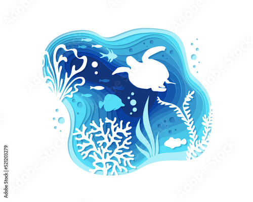 Underwater banner. Vector background with reef landscape. Corals, fish, polyps, shellfish and seaweeds and other sea wildlife.