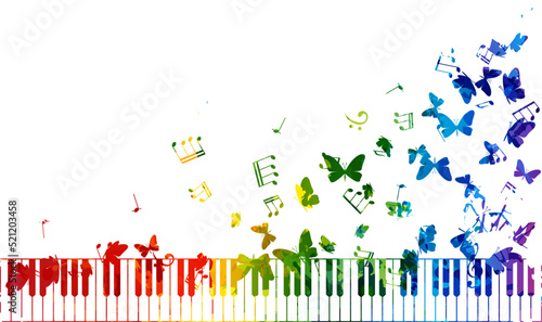 Creative rainbow musical illustration. Vector decoration element with piano keys, notes and flying butterflies.