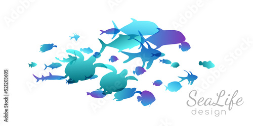 Colony of swiming sea or aquarium fishes. Group of underwater animals. Collection of isolated vector decoration.