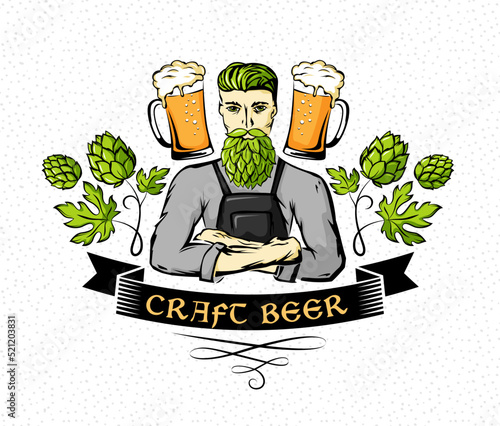 Craft beer emblem with brewer and hop decorations