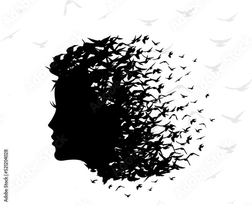 Woman with hair from birds. Vector isolated decoration element from scattered silhouettes. Conceptual illustration of beauty and style.