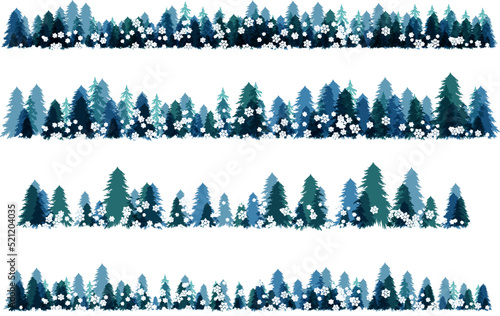 Winter snowy forest. Christmas tree decoration or design  elemets. Horizontal borders collection.