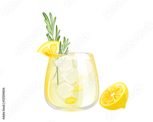 Gin Fizz cocktail .Refreshing drink with lemon, ice and rosemary.Vector illustration.
