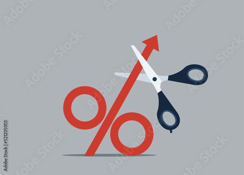 Stop Inflation. Economic crisis, Fed raised central bank interest rate to curb soaring inflation. High interest rates on loans. Сuts percentage mark with scissors.