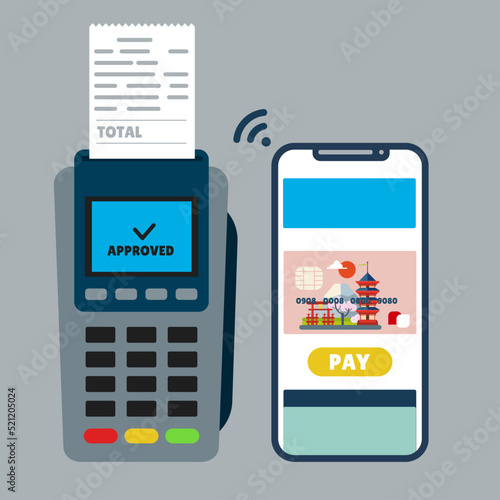 Mobile payment via smartphone. POS terminal and holding smartphone for payment. Concept vector illustration in flat style