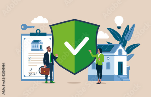 Business contract, mortgage and rental. Real estate agent or broker. Safe property purchase deal, transaction security. Flat vector illustration. 