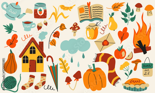 Vector set of autumn icons: scarf, leaves, cozy food, house, book, cloud, umbrella, ball, mushrooms, plants, pumpkins, calendar, and more. Bright background for harvesting, autumn postcard.