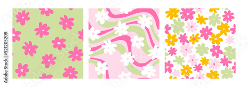 Set of hippie and groovy seamless patterns with daisy flowers and wavy lines. Fashionable backgrounds in 00s, 90s, y2k style.