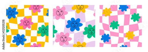 Set of seamless patterns with abstract colorful daisy flowers with faces and wavy psychedelic checkerboard. Vector backgrounds in 90s, 00s and kidcore style