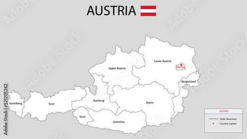 Austria Map. Austria Map with white background and all states names.