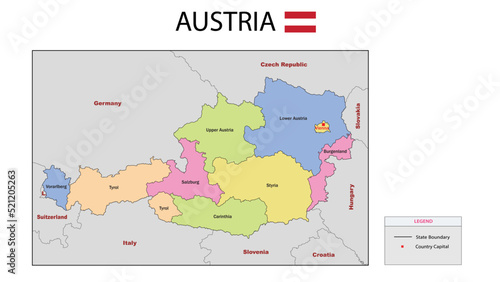 Austria Map. Colorful Austria Map with neighboring countries names and borders.