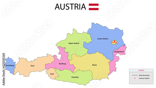 Austria Map. Austria Map with color background and all states name.